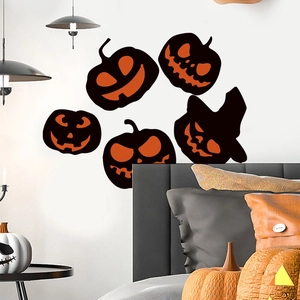 Modern bedroom decorated with Halloween pumpkin wall stickers and black witch hat decals