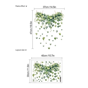 Detailed wall sticker layout and paste effect showing green vine hearts with 40x30cm dimensions