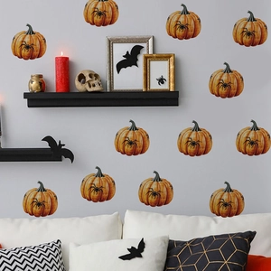 Detailed view of Halloween pumpkin and black spider wall decals for festive home decoration
