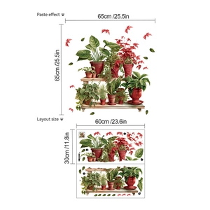 Detail showing self-adhesive potted plant wall stickers layout and paste effect dimensions