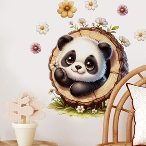 Close-up of a cute cartoon panda peek-a-boo tree hole wall decal with colorful daisies