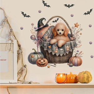 Halloween wall sticker featuring a cute poodle in a basket with pumpkins and bats on a wall