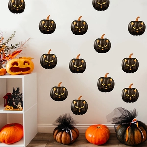 Halloween black cat pumpkin wall decals arranged on white wall with festive home decor