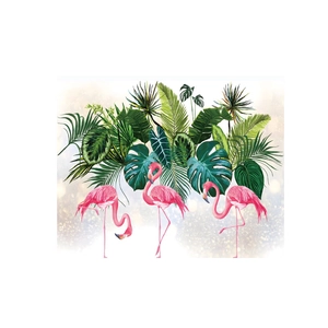 Pink flamingo wall sticker with tropical green monstera leaves and golden dots
