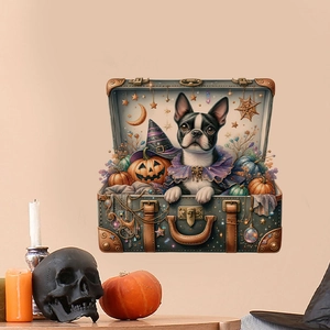 Halloween wall sticker featuring a Boston Terrier in a vintage suitcase with festive pumpkins
