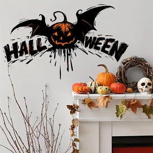 Halloween pumpkin wall sticker with bat wings over a white fireplace with spooky decor