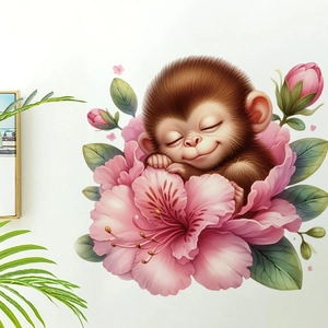 Adesivo murale in PVC scimmia carina tra fiori rosa per decorazione domestica
