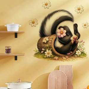 Cartoon skunk wall sticker with pink flowers popping out of a wooden barrel for home decor