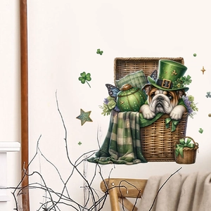 St. Patrick's Day wall decal featuring a bulldog in a basket with shamrocks and green hat