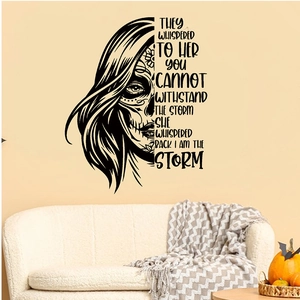 Detail of Halloween ghost wall decal featuring Day of the Dead female face and quote