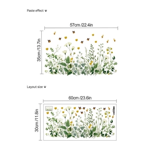 Detailed layout size and paste effect for floral wall stickers with yellow butterflies