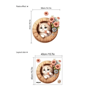 Cartoon cat wall decal showing paste effect and original layout size dimensions