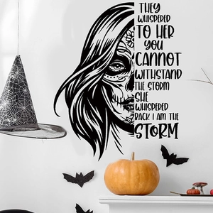 Detail of Halloween skull wall decal with inspirational quote I AM THE STORM vinyl sticker