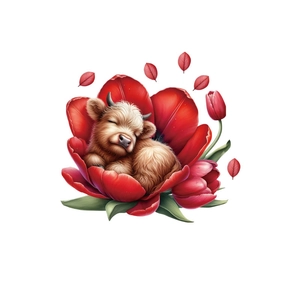 Adesivo murale in PVC rimovibile con un piccolo vitello scozzese che dorme nel tulipano