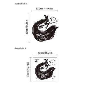 Halloween wall sticker size guide showing 40x40cm sheet with witch and bats silhouette