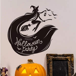 Halloween wall sticker featuring a black witch silhouette with bats and party text deco