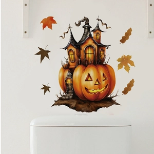 Detailed close-up of Halloween pumpkin castle toilet wall decal with colorful maple leaves