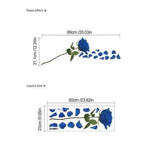 Blue rose bathtub wall decal set with layout dimensions and paste effect sizes