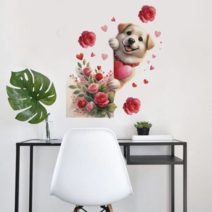 Detail of Valentine dog and rose wall decal on a modern minimalist home office background