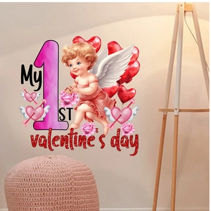 Detailed view of My 1st Valentine's Day wall decal with a cute cupid and pink number one