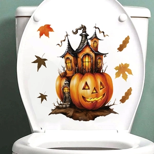 Halloween pumpkin castle and maple leaves sticker set applied on a white toilet lid