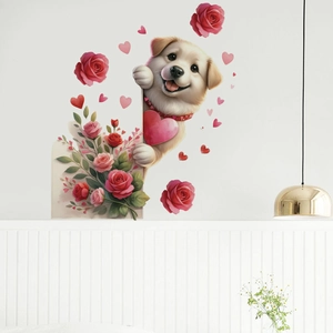 Detail of cartoon puppy and red roses wall decal in a warm living room interior