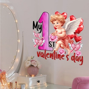 Detail of My 1st Valentine's Day wall stickers with cupid and heart balloons decoration