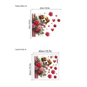 Detail view of cartoon dog and rose wall sticker with layout and display dimensions