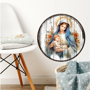 Detail of round religious wall sticker showing Madonna and child in oil painting style