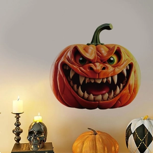 Detail of Halloween monster pumpkin wall sticker with sharp teeth on a grey wall