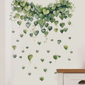 Self-adhesive PVC wall stickers with green heart-shaped leaves for home living room decor