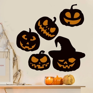 Halloween cartoon pumpkin wall stickers set with black wizard hat silhouette for decor
