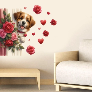 Detail of cartoon dog and red roses wall stickers on a light beige living room wall