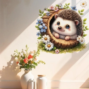 Cute hedgehog peeking from tree hole wall sticker with colorful flowers and green leaves