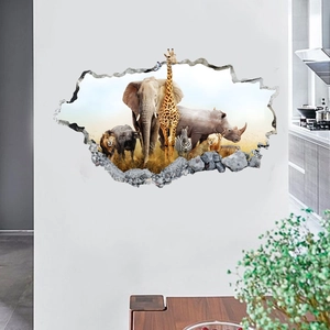 Realistic 3D African wildlife wall sticker showing elephant and giraffe breaking through wall