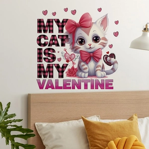 Detailed view of My Cat Is My Valentine wall sticker featuring a cute pink bow cat