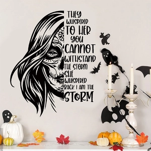Halloween ghost wall decal with female skeleton face and motivational quote on white wall