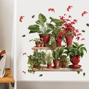 Realistic 3D potted plant wall stickers on wooden shelves for home living room decor