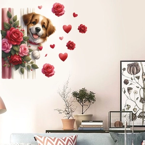 Detail showing a cute dog wall sticker with red roses and hearts in a cozy living room