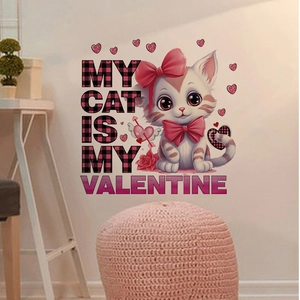 Detail of cartoon cat wall sticker with My Cat Is My Valentine text on a white wall