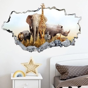 3D wall sticker detail of African animals like elephants and giraffes for room decor