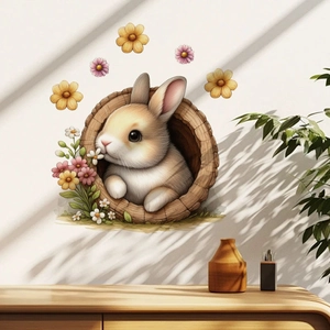 3D cute bunny in tree hollow wall sticker with flowers for living room decoration