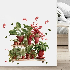 Illustrative plant and butterfly wall stickers on wooden shelves for room decoration