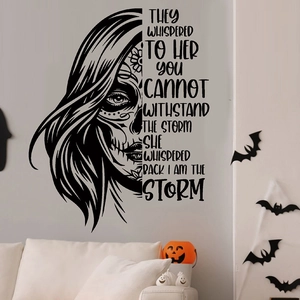 Halloween Day of the Dead woman face wall decal with inspirational quote for living room