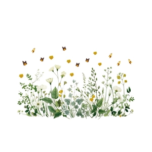 Self-adhesive PVC wall sticker with watercolor wild flowers and yellow butterflies