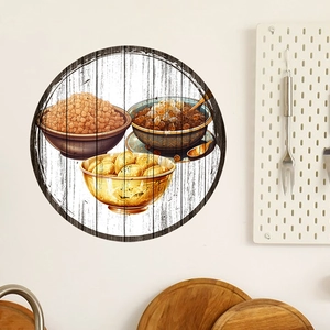 Detail of round vintage wood wall art with colorful food prints for kitchen decor