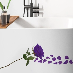 Waterproof purple rose wall decals and floating petals on white minimalist bathtub