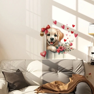 Detail view of cartoon golden retriever wall sticker with hearts on a living room wall