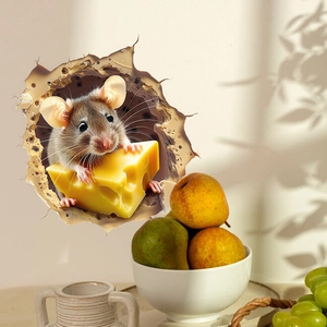 3D wall sticker featuring a realistic mouse holding cheese peeking through a broken wall