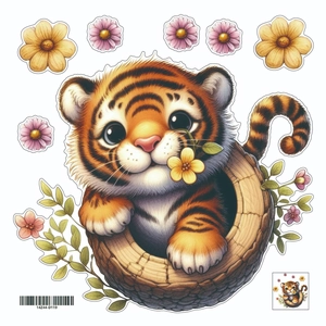 Cartoon tiger in tree hollow wall sticker with flowers for living room and bedroom decor